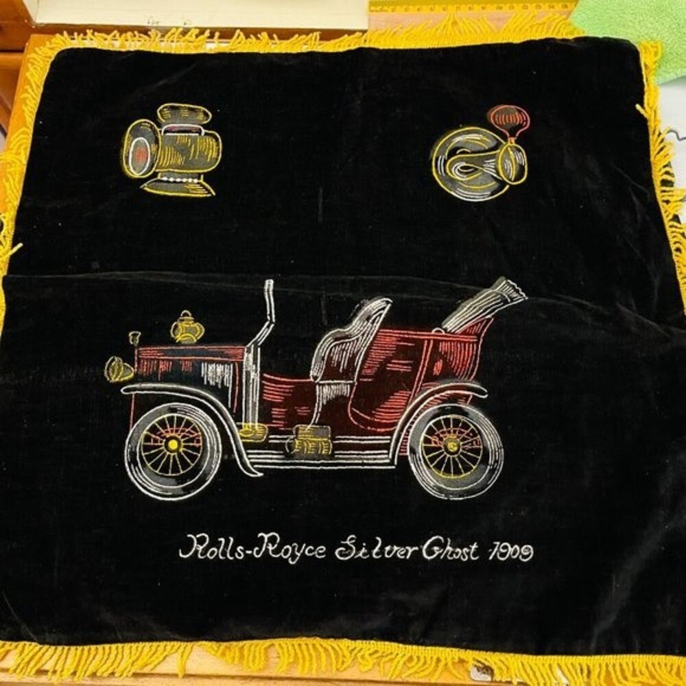 Vintage Velvet Pillow Cover Rolls-Royce Silver Ghost 1909 Gold Fringe